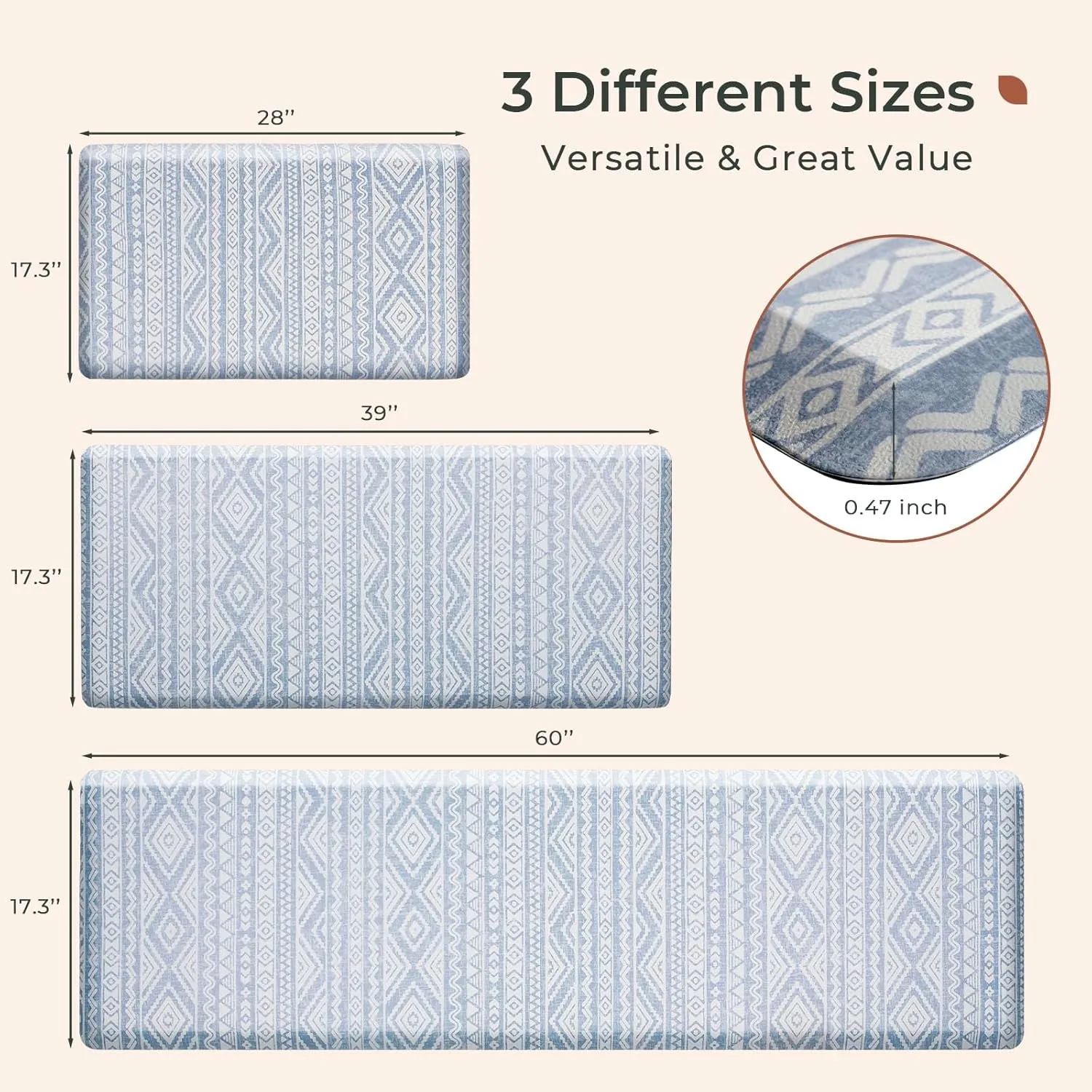 FRESHMINT Boho Kitchen Mat 0.47" Thick Anti-Fatigue Cushioned Kitchen Mats 17.3"x60" for Floor, Long Waterproof Non Slip Comfort Standing Mat Kitchen Rug for Kitchen Decor Sink Office, Blue Linen