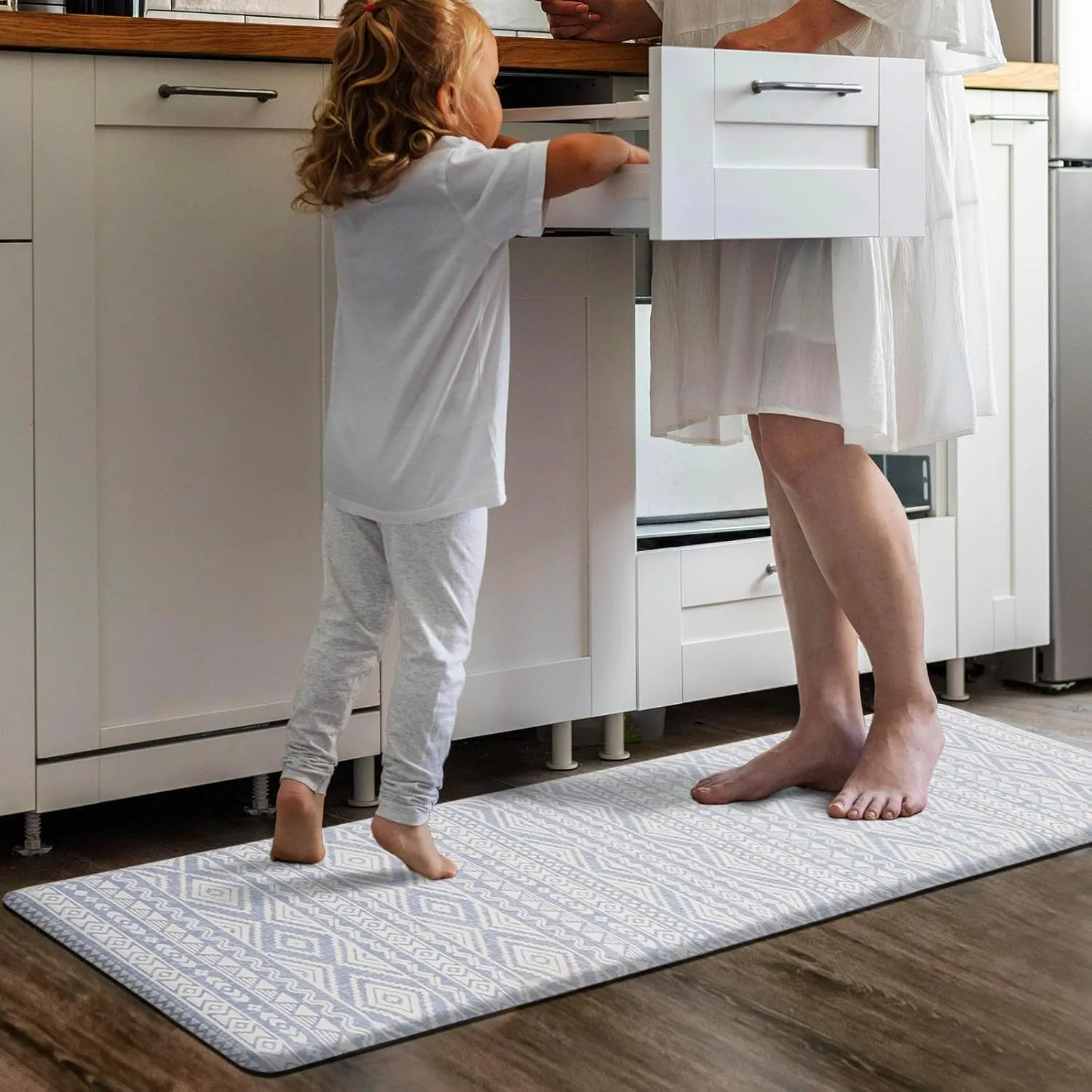 FRESHMINT Boho Kitchen Mat 0.47" Thick Anti-Fatigue Cushioned Kitchen Mats 17.3"x60" for Floor, Long Waterproof Non Slip Comfort Standing Mat Kitchen Rug for Kitchen Decor Sink Office, Blue Linen