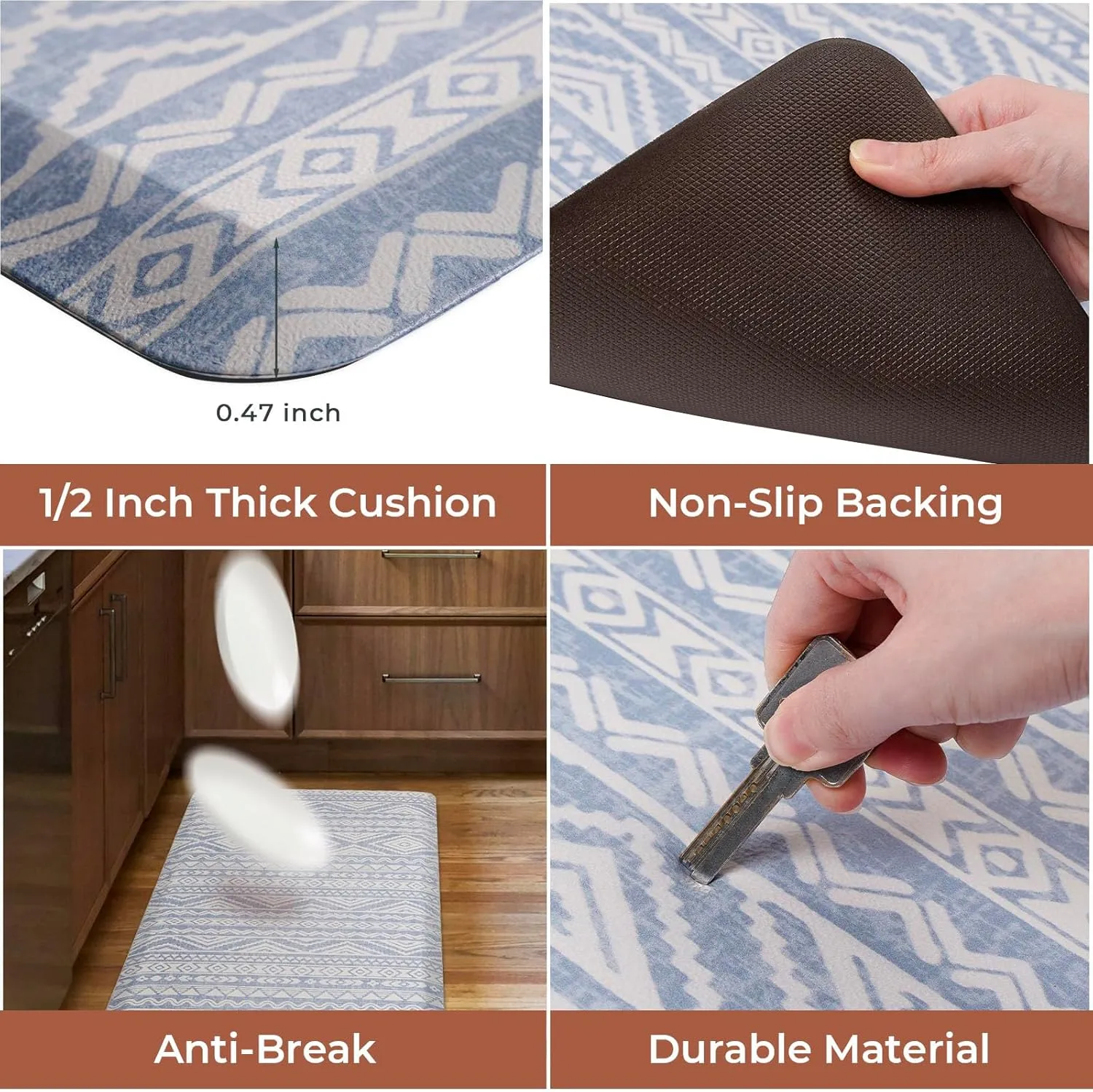 FRESHMINT Boho Kitchen Mat 0.47" Thick Anti-Fatigue Cushioned Kitchen Mats 17.3"x60" for Floor, Long Waterproof Non Slip Comfort Standing Mat Kitchen Rug for Kitchen Decor Sink Office, Blue Linen