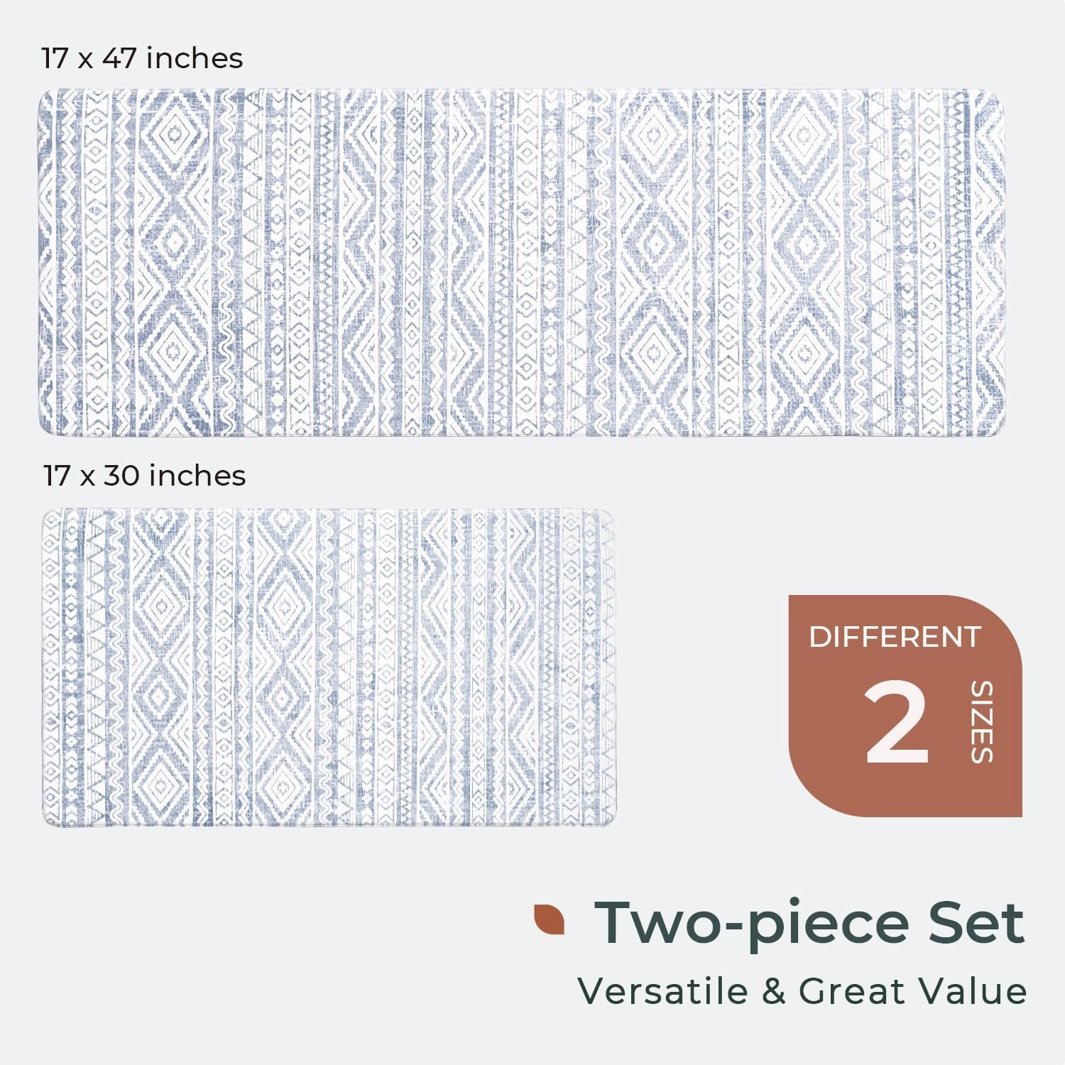 FRESHMINT Anti Fatigue Kitchen Mats for Floor 2 Piece Set, Waterproof & Non-Skid Boho Kitchen Rugs, Cushioned Kitchen Mat for Standing Washable Comfort Desk Kitchen Runners, 17x30 17x47