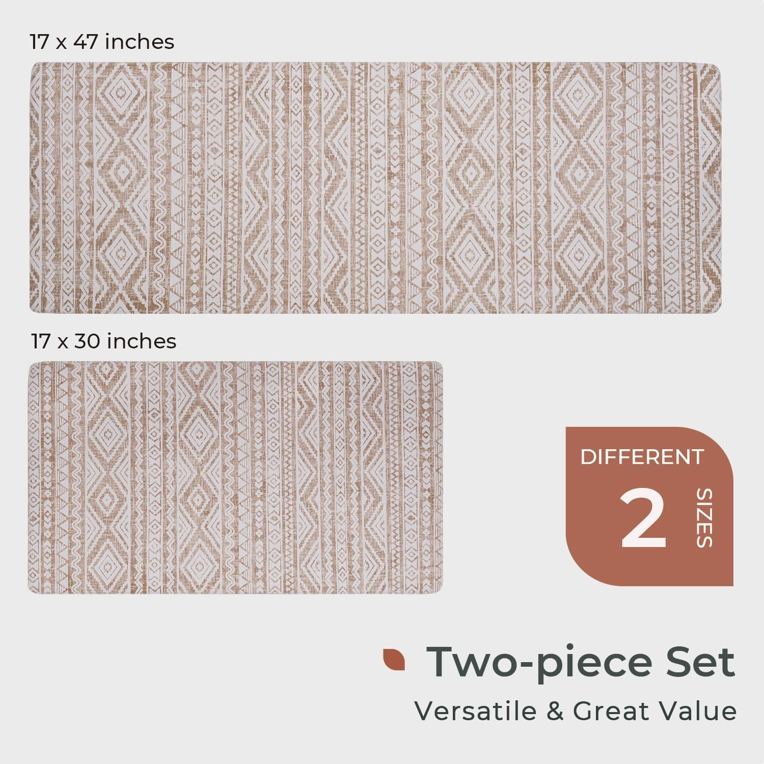FRESHMINT Anti Fatigue Kitchen Mats for Floor 2 Piece Set, Waterproof & Non-Skid Boho Kitchen Rugs, Cushioned Kitchen Mat for Standing Washable Comfort Desk Kitchen Runners, 17x30 17x47
