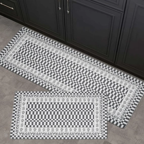 FRESHMINT Floral Checkerboard Anti-Fatigue Kitchen Mat Set of 2, Cushioned Foam Kitchen Mats for Floor, Waterproof Non Slip Comfort Mat, Modern Kitchen Rug for Kitchen Decor, Sink, Grey