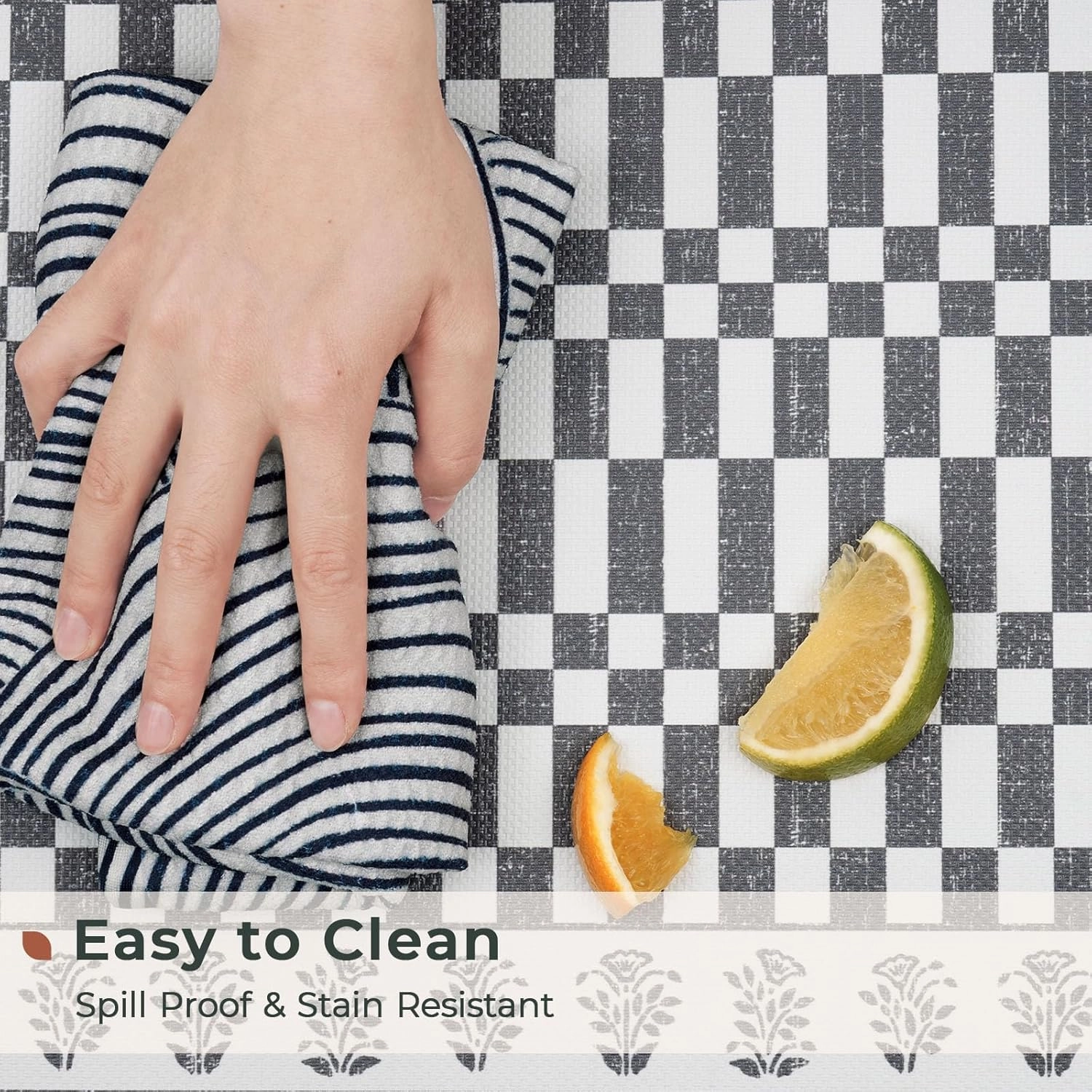 FRESHMINT Floral Checkerboard Anti-Fatigue Kitchen Mat Set of 2, Cushioned Foam Kitchen Mats for Floor, Waterproof Non Slip Comfort Mat, Modern Kitchen Rug for Kitchen Decor, Sink, Grey