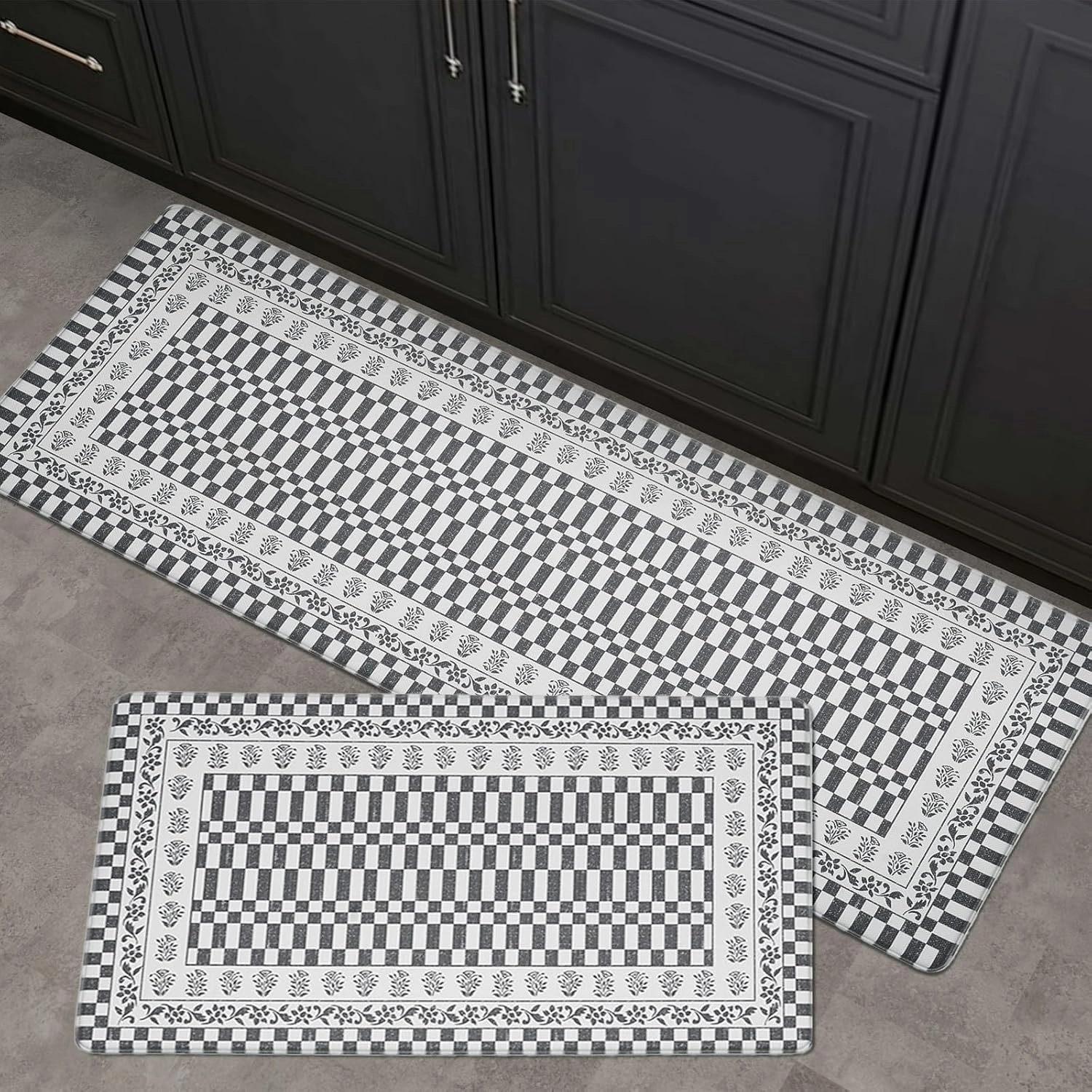 FRESHMINT Floral Checkerboard Anti-Fatigue Kitchen Mat Set of 2, Cushioned Foam Kitchen Mats for Floor, Waterproof Non Slip Comfort Mat, Modern Kitchen Rug for Kitchen Decor, Sink, Grey