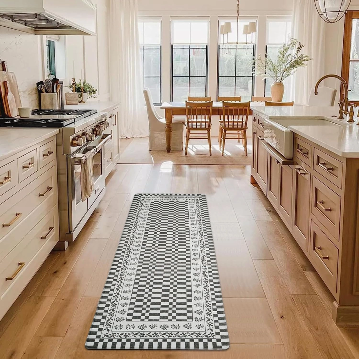 FRESHMINT Floral Checkerboard Anti-Fatigue Kitchen Mat Set of 2, Cushioned Foam Kitchen Mats for Floor, Waterproof Non Slip Comfort Mat, Modern Kitchen Rug for Kitchen Decor, Sink, Grey