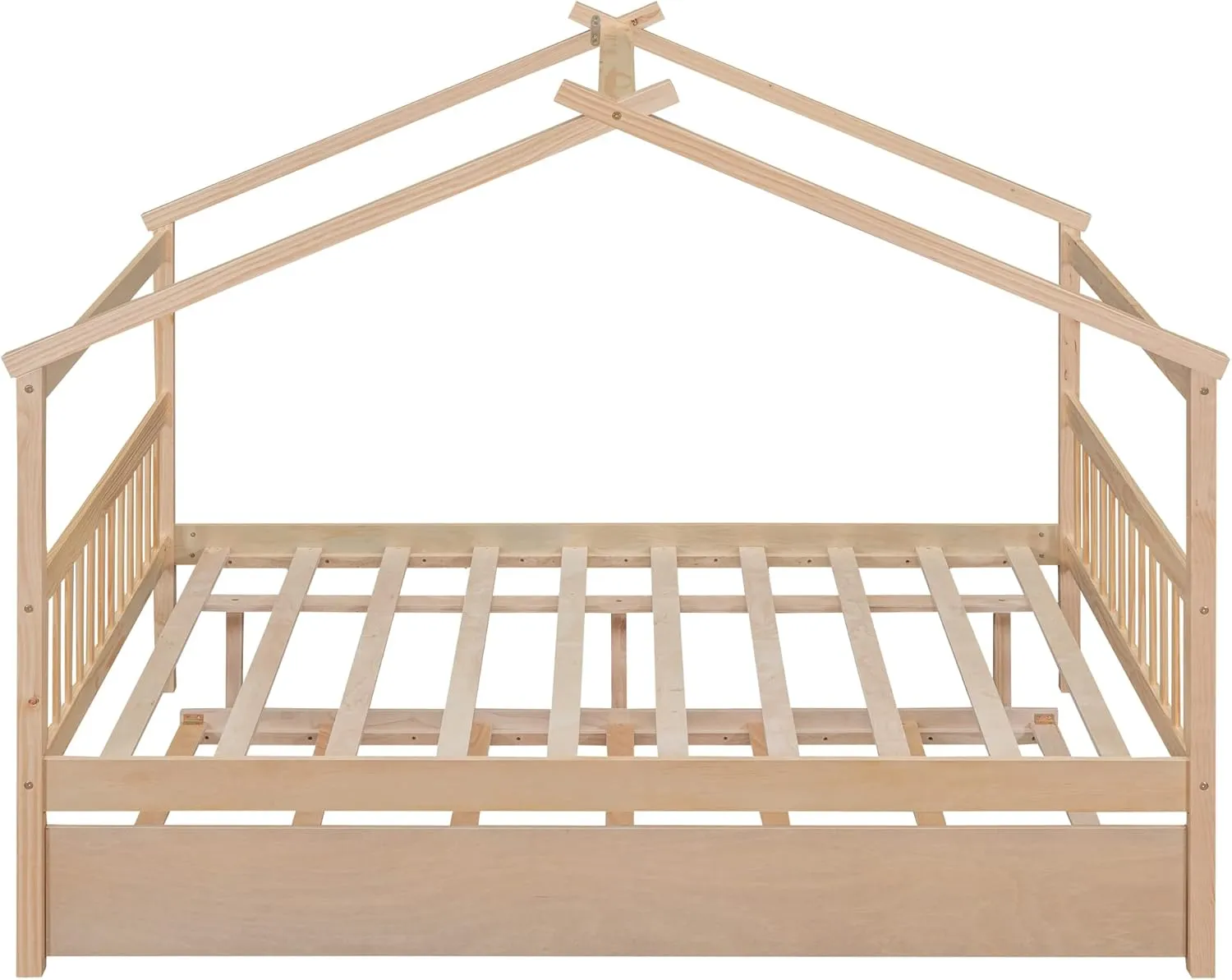Full Size Wooden House Bed with Twin Size Trundle and Roof,Platform Bed with Headboard and Footboard,for Kids Teens Girls Boys Bedroom (Natural@z, Full)