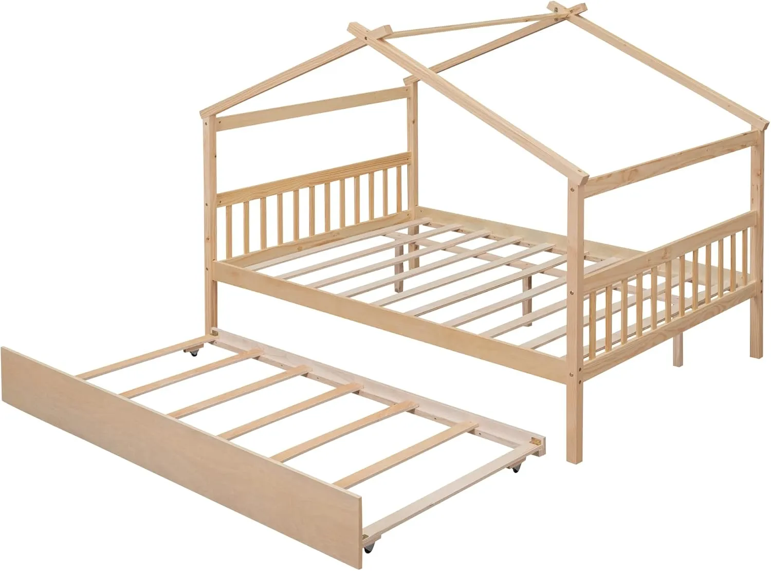 Full Size Wooden House Bed with Twin Size Trundle and Roof,Platform Bed with Headboard and Footboard,for Kids Teens Girls Boys Bedroom (Natural@z, Full)