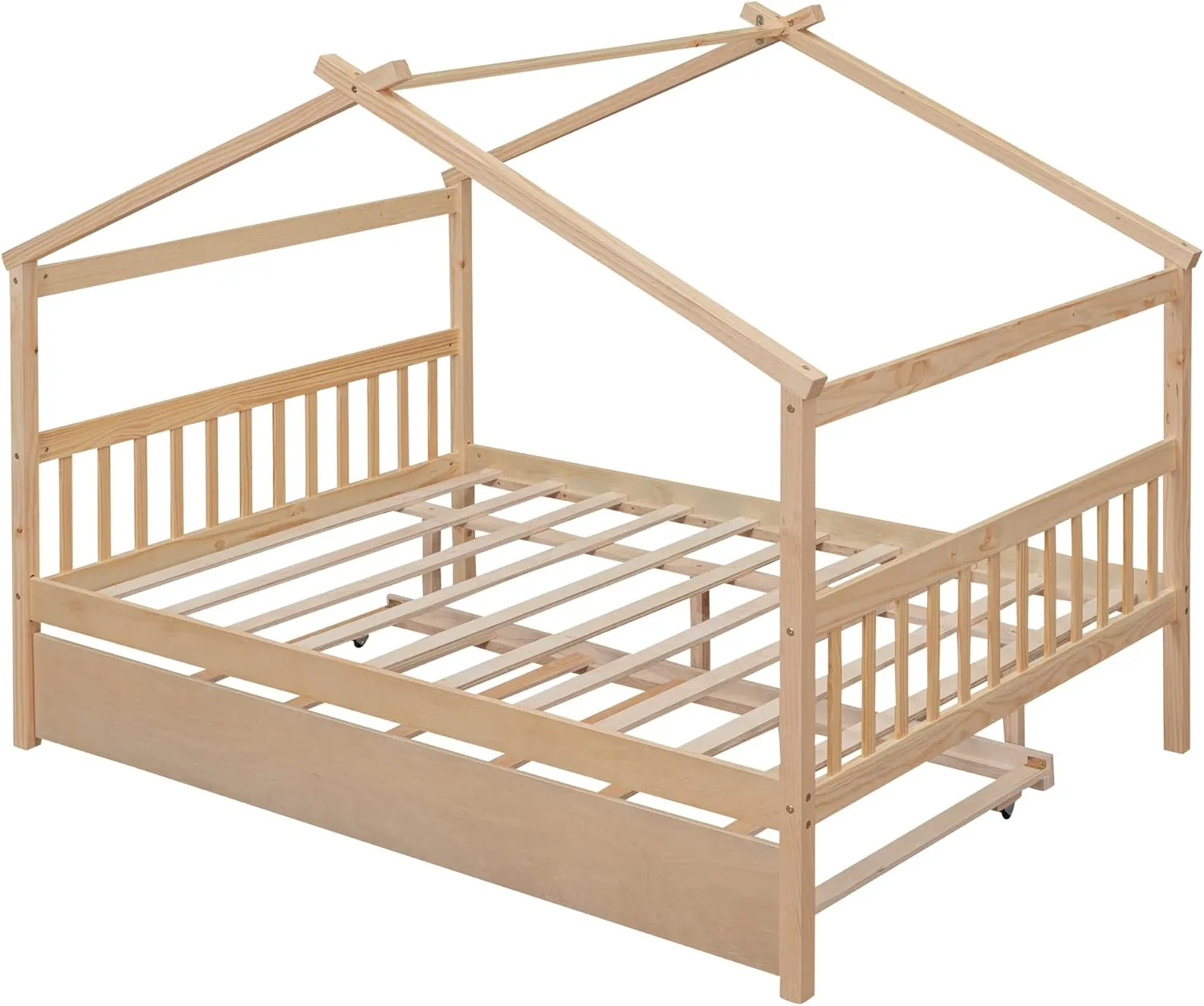 Full Size Wooden House Bed with Twin Size Trundle and Roof,Platform Bed with Headboard and Footboard,for Kids Teens Girls Boys Bedroom (Natural@z, Full)