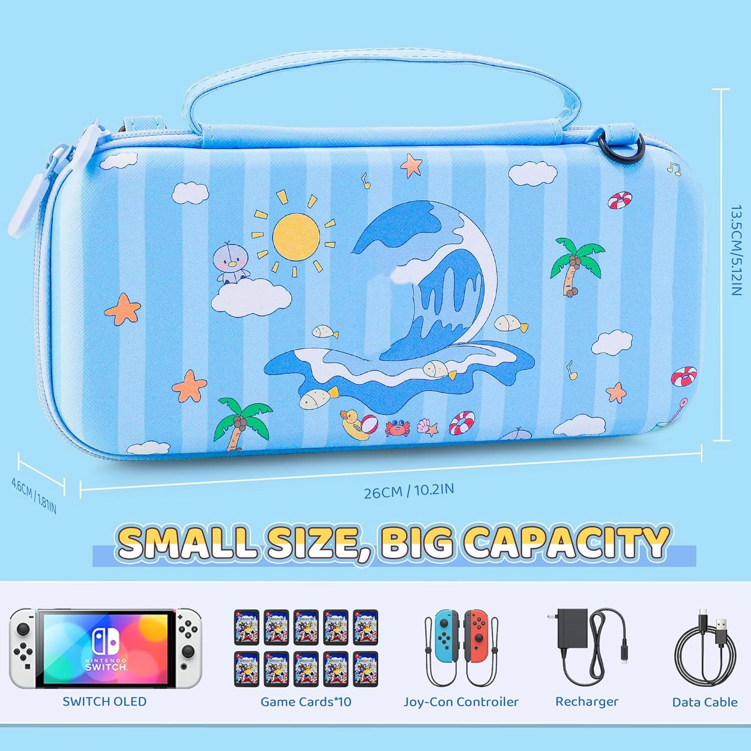 FUNDIARY Blue Sunny Beach Carrying Case for Nintendo Switch OLED, Cute Anime Duck Accessories Bundle with Travel Storage Bag, Hard PC Dockable Case, Screen Protector, Shoulder Strap and 2 Thumb Caps