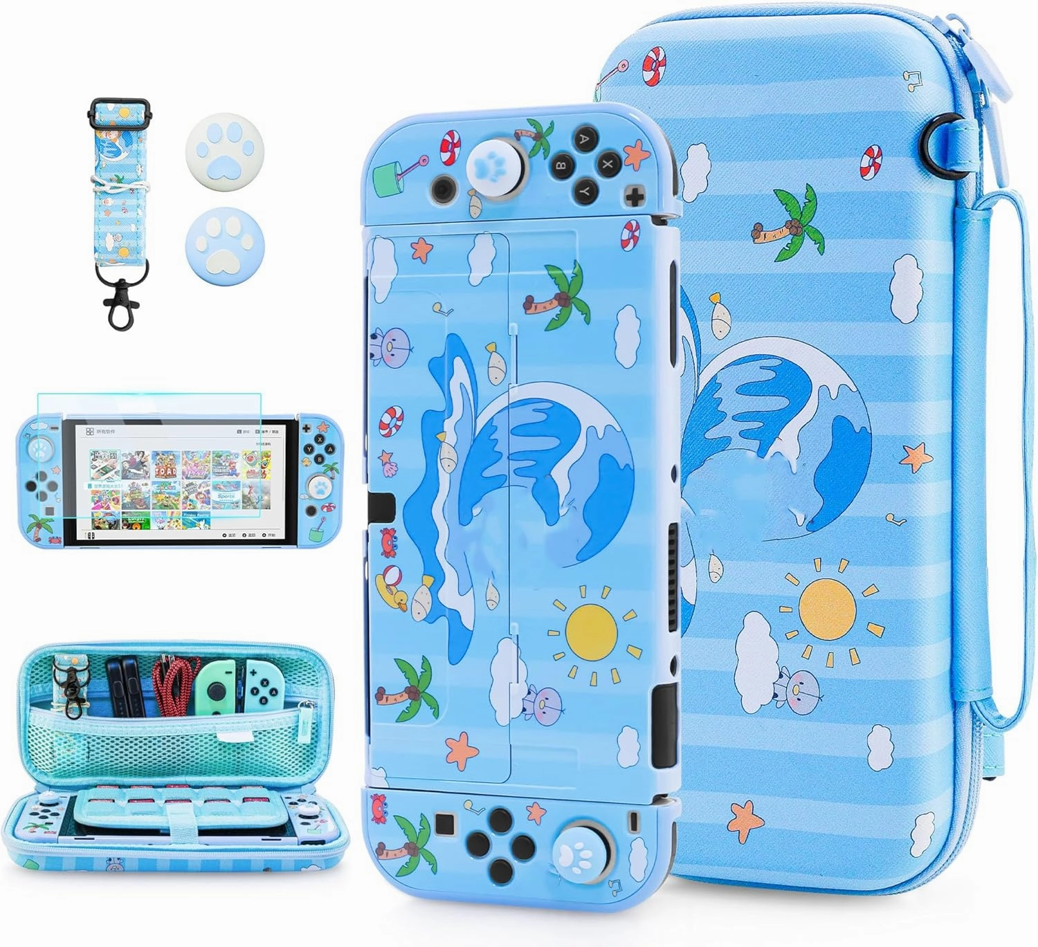 FUNDIARY Blue Sunny Beach Carrying Case for Nintendo Switch OLED, Cute Anime Duck Accessories Bundle with Travel Storage Bag, Hard PC Dockable Case, Screen Protector, Shoulder Strap and 2 Thumb Caps