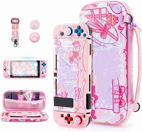 FUNDIARY Cute of Kirby Carrying Case for Nintendo Switch, Pink Star Gift Accessories Bundle with Slim Portable Travel Bag, Dockable Soft TPU Cover Skin, Screen Protector, Shoulder Strap & 2 Thumb Caps