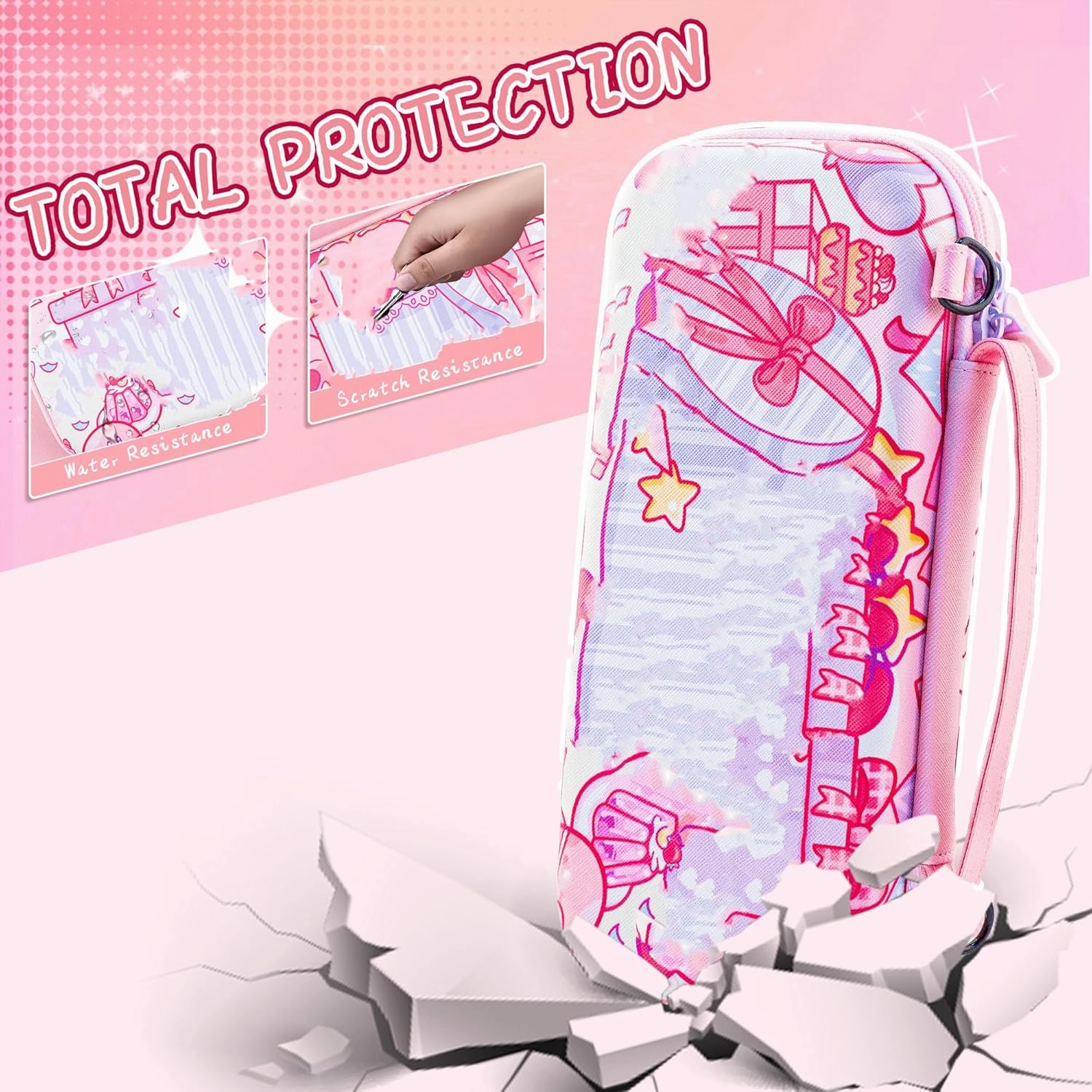 FUNDIARY Cute of Kirby Carrying Case for Nintendo Switch, Pink Star Gift Accessories Bundle with Slim Portable Travel Bag, Dockable Soft TPU Cover Skin, Screen Protector, Shoulder Strap & 2 Thumb Caps