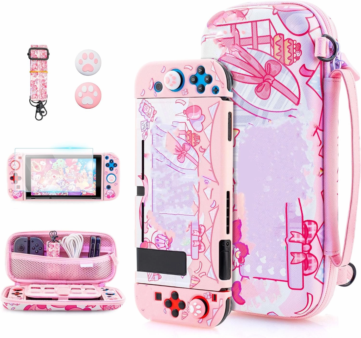 FUNDIARY Cute of Kirby Carrying Case for Nintendo Switch, Pink Star Gift Accessories Bundle with Slim Portable Travel Bag, Dockable Soft TPU Cover Skin, Screen Protector, Shoulder Strap & 2 Thumb Caps