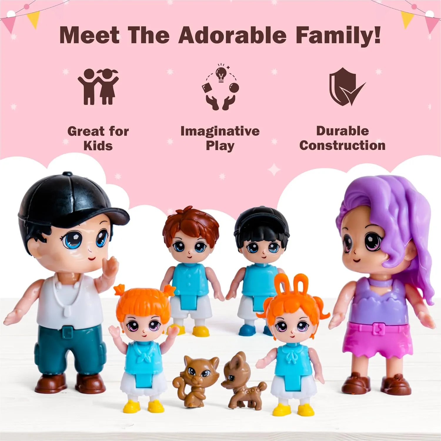Funerica Dollhouse People, 8 Family Figures and Pets Playset - Bendable Little People Figures - Perfect for Imaginative Fun and Dollhouse Play - Play Doll House Accessories