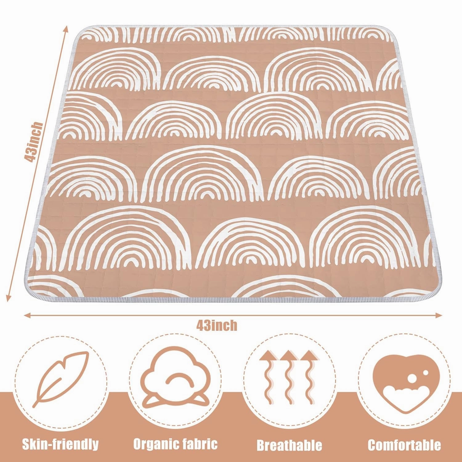 Funtery 43 x 43 Inch Boho Baby Play Mat Portable Crawling Washable Foldable Tummy Time Non Slip Baby Floor Large Playpen Mat for Infants Toddlers Floor Playpen Activity(Fresh Rainbow)