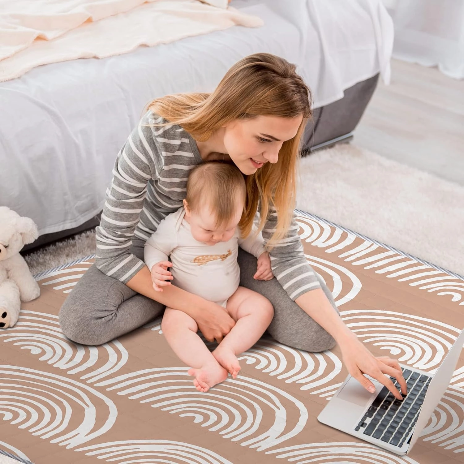 Funtery 43 x 43 Inch Boho Baby Play Mat Portable Crawling Washable Foldable Tummy Time Non Slip Baby Floor Large Playpen Mat for Infants Toddlers Floor Playpen Activity(Fresh Rainbow)