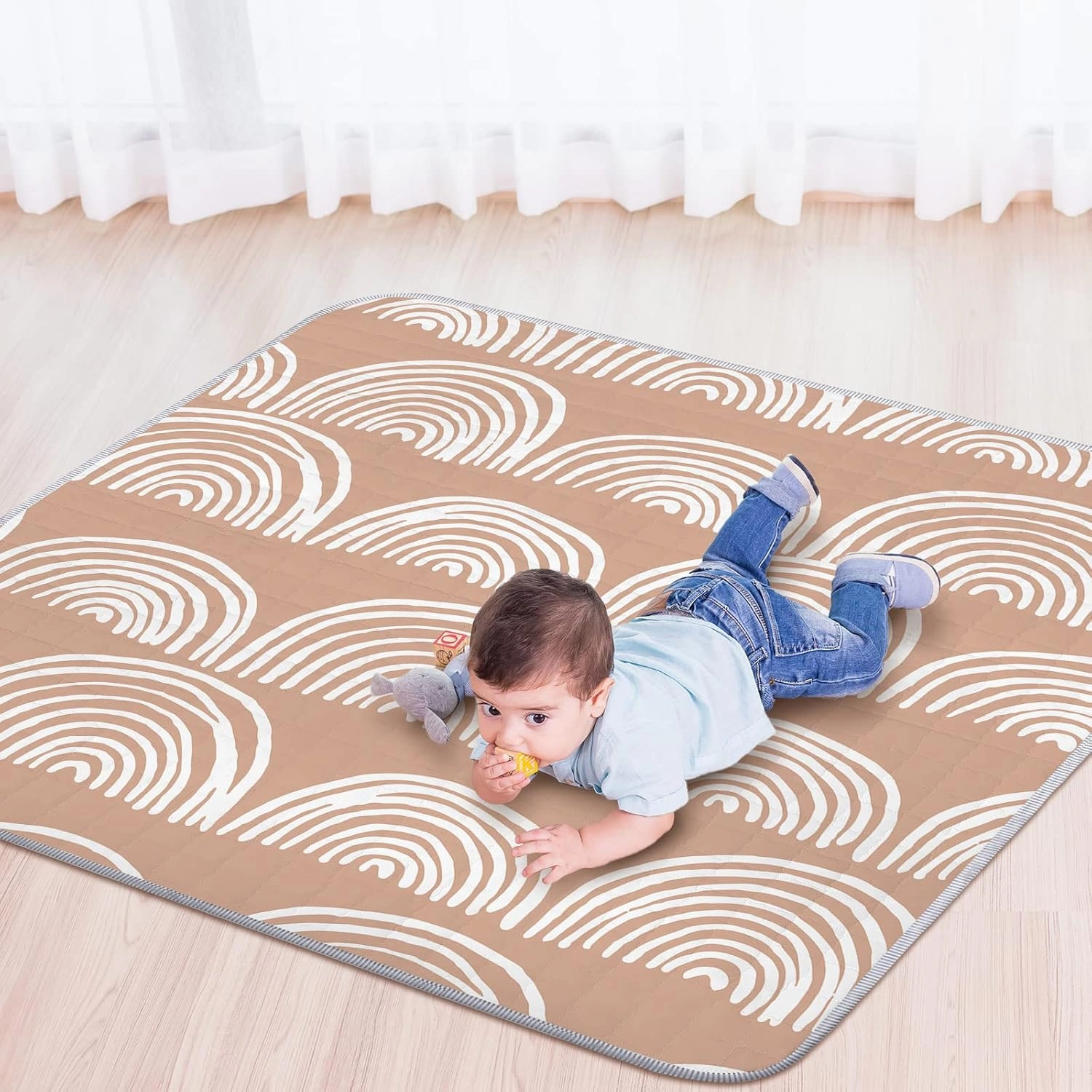 Funtery 43 x 43 Inch Boho Baby Play Mat Portable Crawling Washable Foldable Tummy Time Non Slip Baby Floor Large Playpen Mat for Infants Toddlers Floor Playpen Activity(Fresh Rainbow)