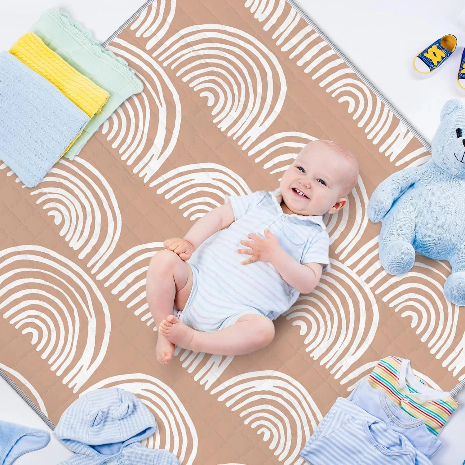 Funtery 43 x 43 Inch Boho Baby Play Mat Portable Crawling Washable Foldable Tummy Time Non Slip Baby Floor Large Playpen Mat for Infants Toddlers Floor Playpen Activity(Fresh Rainbow)