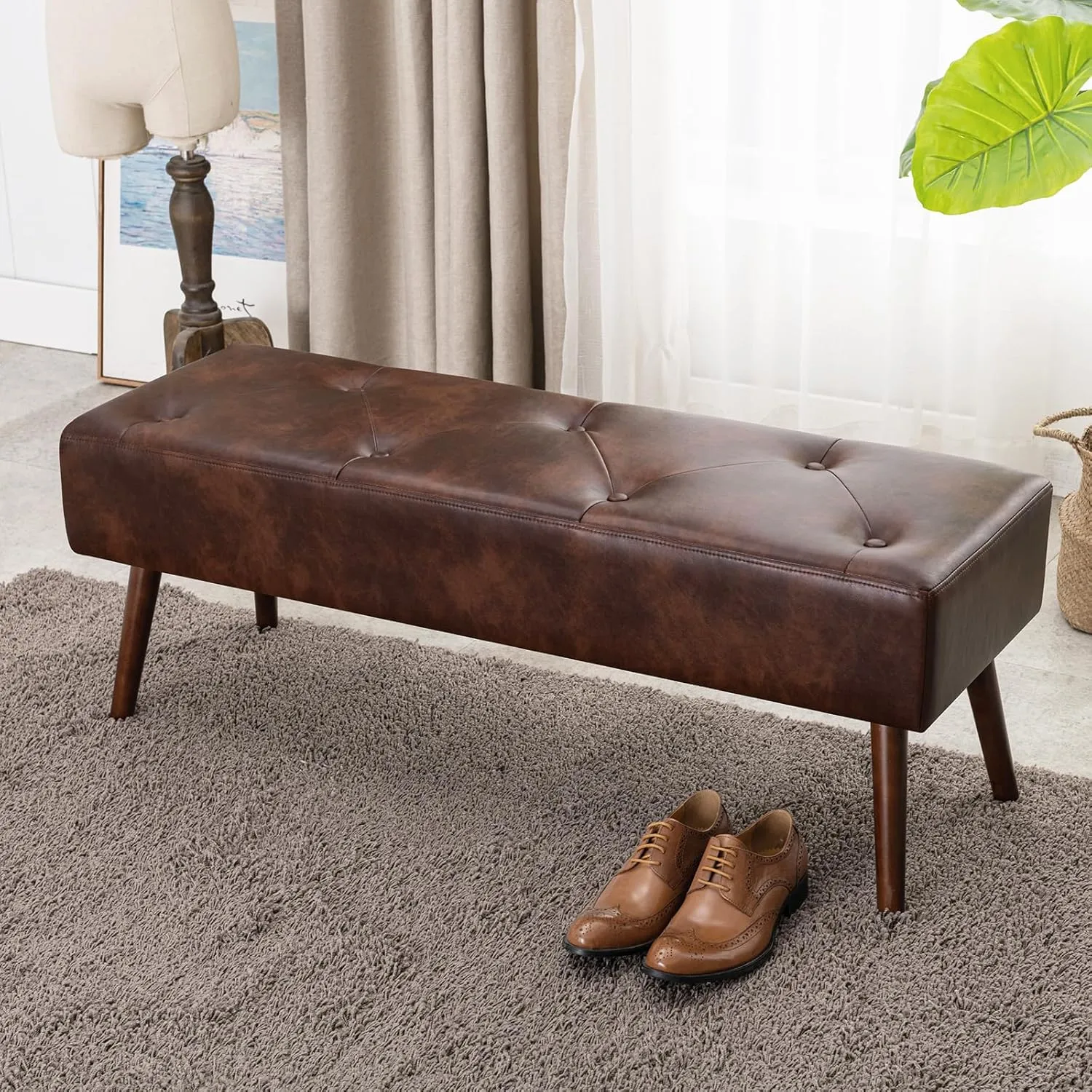 Furniliving 44 Inch Tufted Bench, Leather Footrest Bedroom Bench Seat, Upholstered Leather Indoor Bench Beathable Fabrics Ottoman Bench with X-Shaped Wood Legs for Kitchen, Solid Wood Indoor Bench