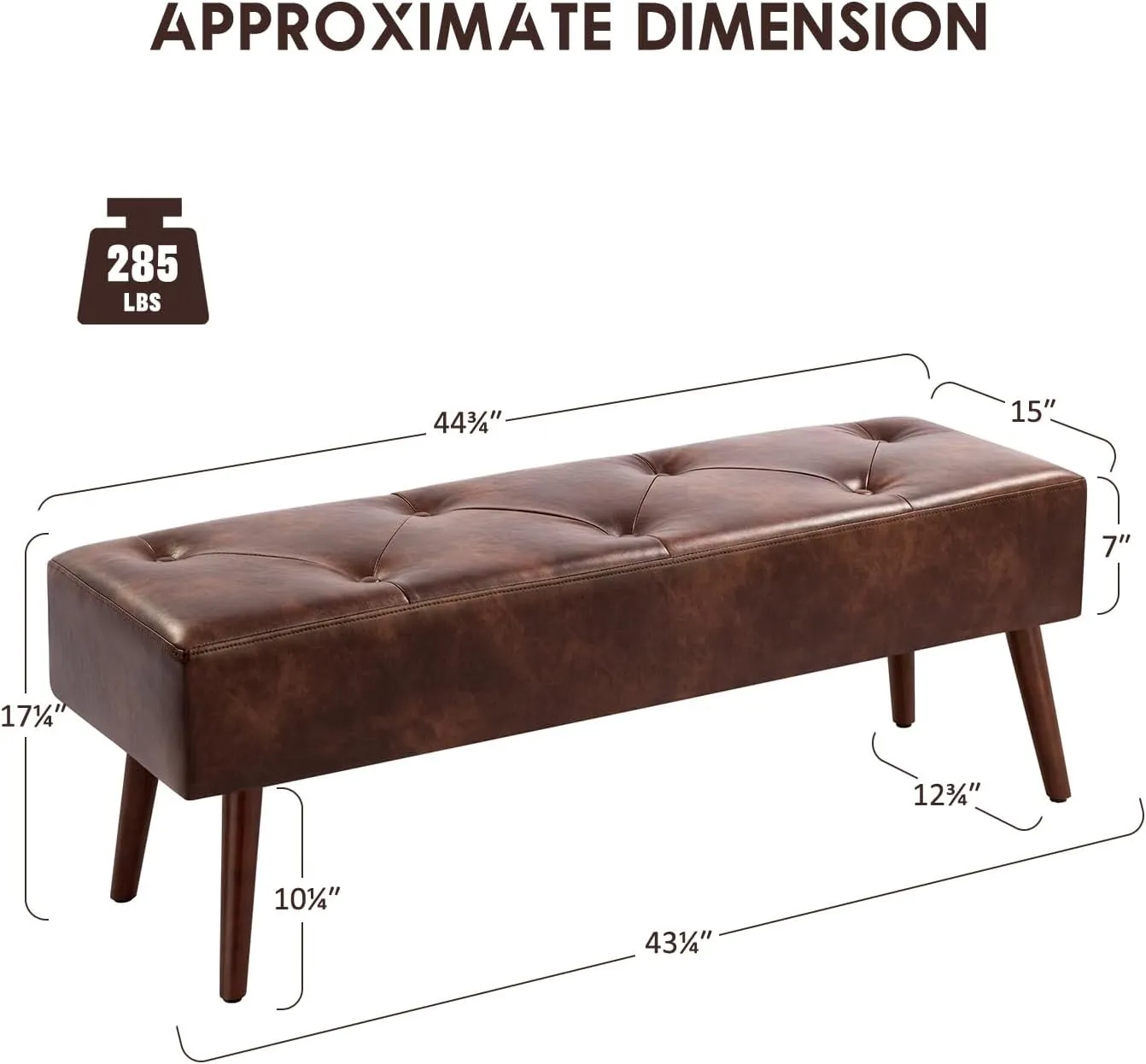 Furniliving 44 Inch Tufted Bench, Leather Footrest Bedroom Bench Seat, Upholstered Leather Indoor Bench Beathable Fabrics Ottoman Bench with X-Shaped Wood Legs for Kitchen, Solid Wood Indoor Bench