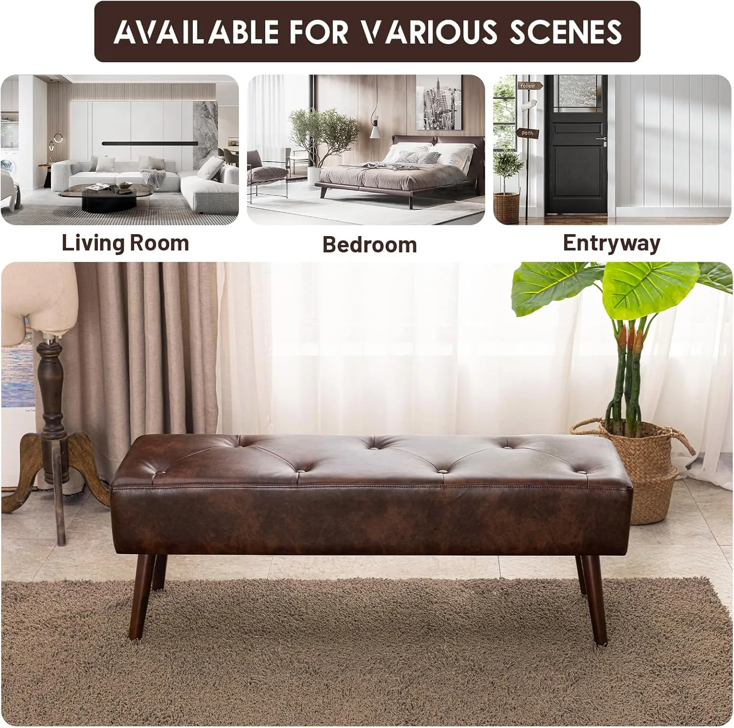 Furniliving 44 Inch Tufted Bench, Leather Footrest Bedroom Bench Seat, Upholstered Leather Indoor Bench Beathable Fabrics Ottoman Bench with X-Shaped Wood Legs for Kitchen, Solid Wood Indoor Bench