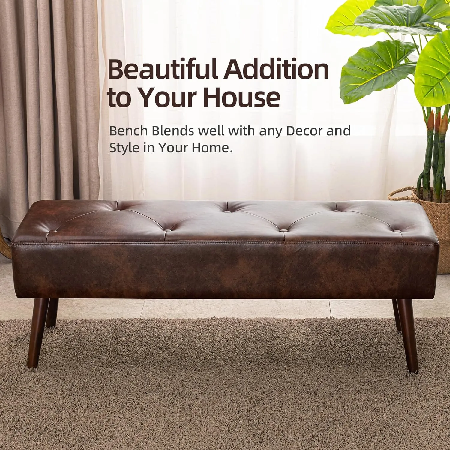 Furniliving 44 Inch Tufted Bench, Leather Footrest Bedroom Bench Seat, Upholstered Leather Indoor Bench Beathable Fabrics Ottoman Bench with X-Shaped Wood Legs for Kitchen, Solid Wood Indoor Bench