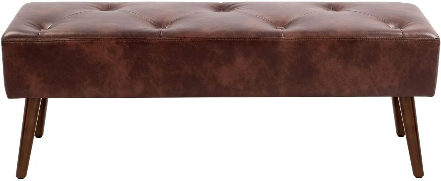 Furniliving 44 Inch Tufted Bench, Leather Footrest Bedroom Bench Seat, Upholstered Leather Indoor Bench Beathable Fabrics Ottoman Bench with X-Shaped Wood Legs for Kitchen, Solid Wood Indoor Bench