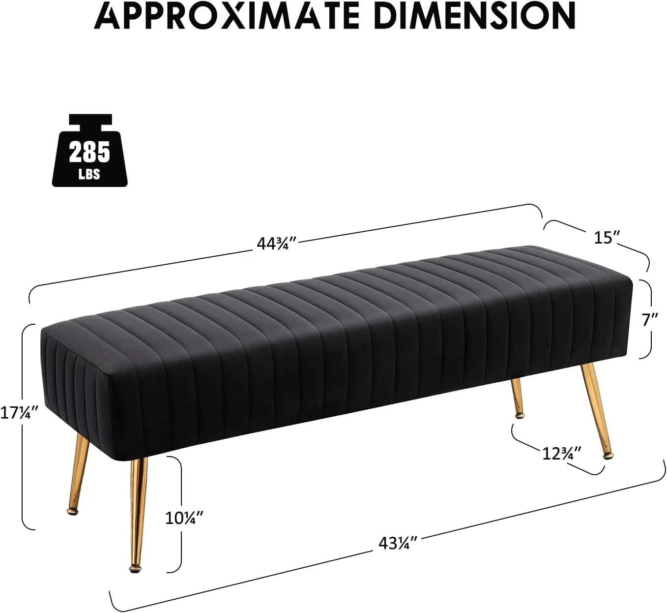 Furniliving 44 Inch Upholstered Tufted Striped Fabric Ottoman Bench With X-Shaped Metal Legs for Living Room, Bedroom, Entryway - Solid Wood Indoor Bench for Foyer (Black)