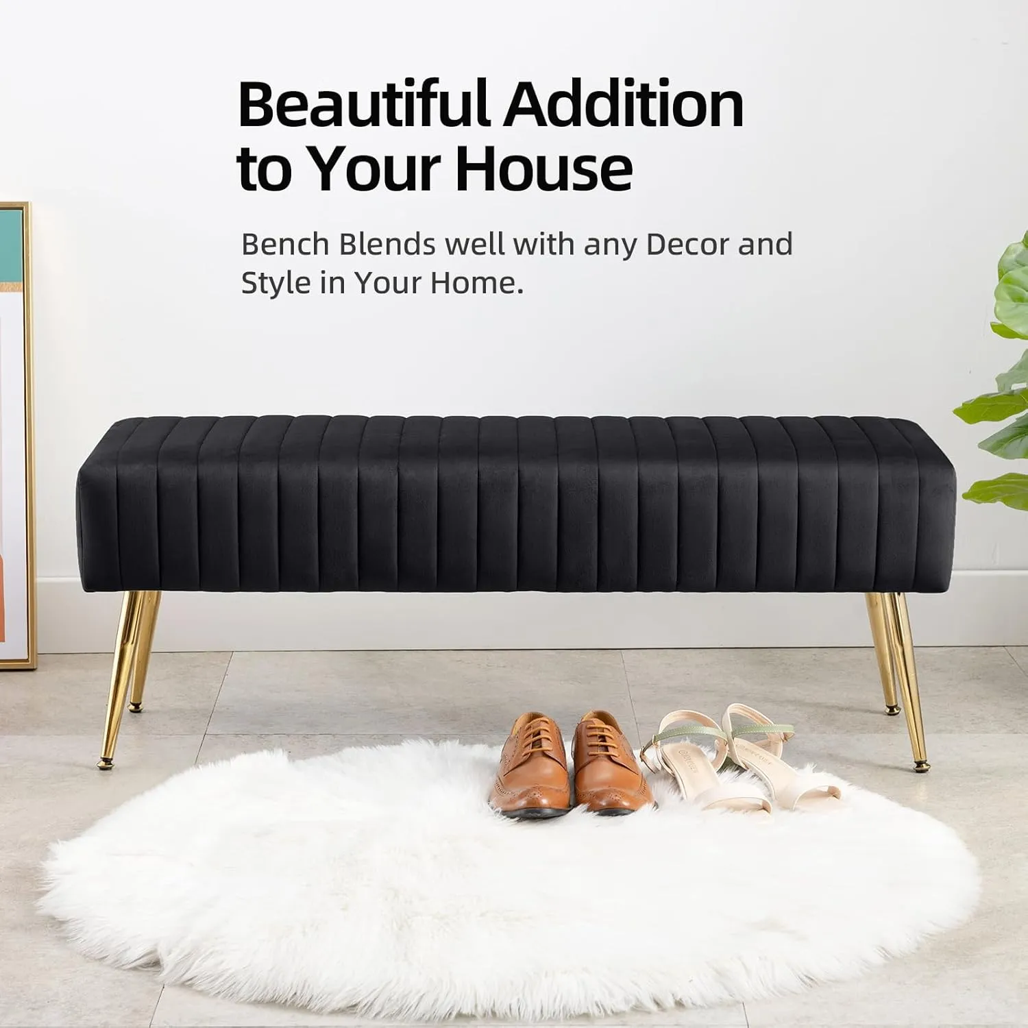 Furniliving 44 Inch Upholstered Tufted Striped Fabric Ottoman Bench With X-Shaped Metal Legs for Living Room, Bedroom, Entryway - Solid Wood Indoor Bench for Foyer (Black)