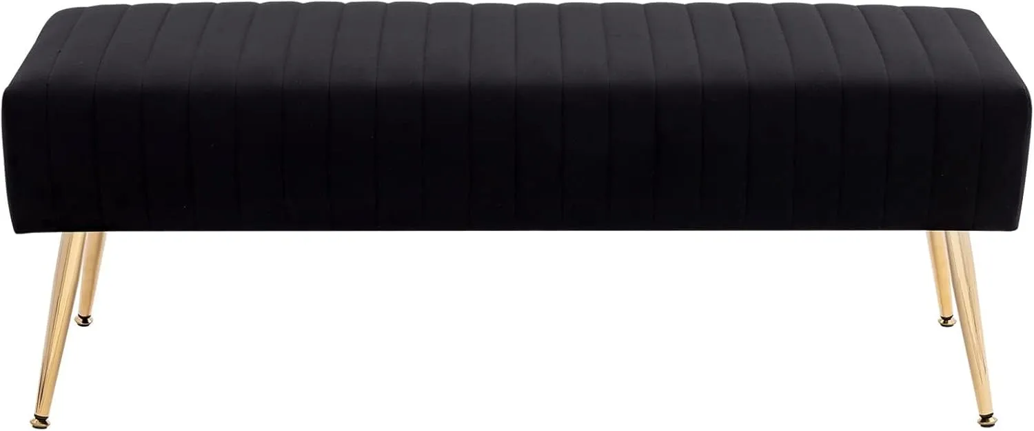 Furniliving 44 Inch Upholstered Tufted Striped Fabric Ottoman Bench With X-Shaped Metal Legs for Living Room, Bedroom, Entryway - Solid Wood Indoor Bench for Foyer (Black)