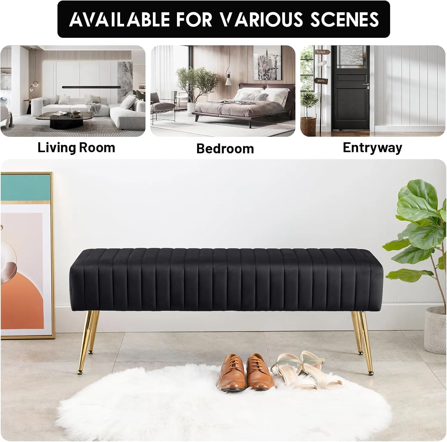 Furniliving 44 Inch Upholstered Tufted Striped Fabric Ottoman Bench With X-Shaped Metal Legs for Living Room, Bedroom, Entryway - Solid Wood Indoor Bench for Foyer (Black)