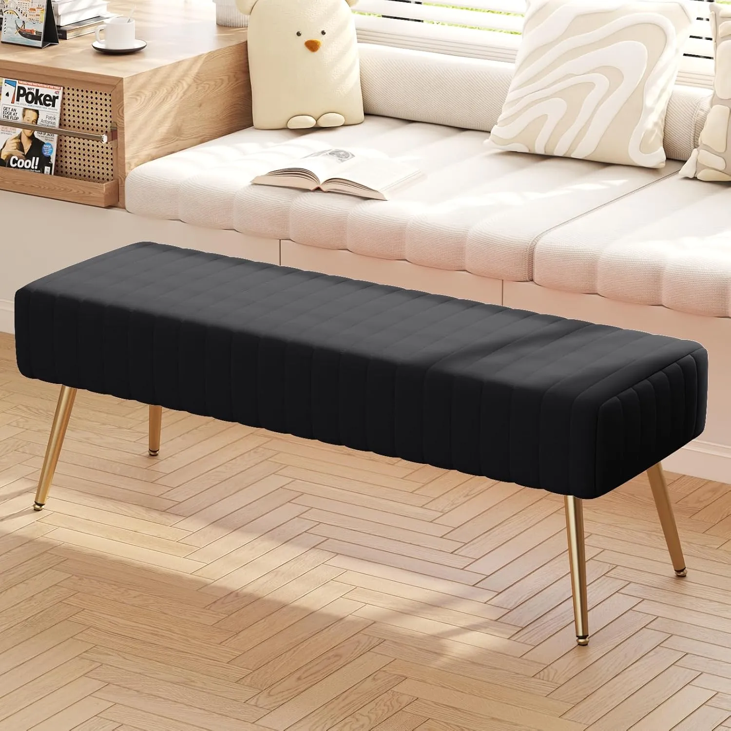 Furniliving 44 Inch Upholstered Tufted Striped Fabric Ottoman Bench With X-Shaped Metal Legs for Living Room, Bedroom, Entryway - Solid Wood Indoor Bench for Foyer (Black)