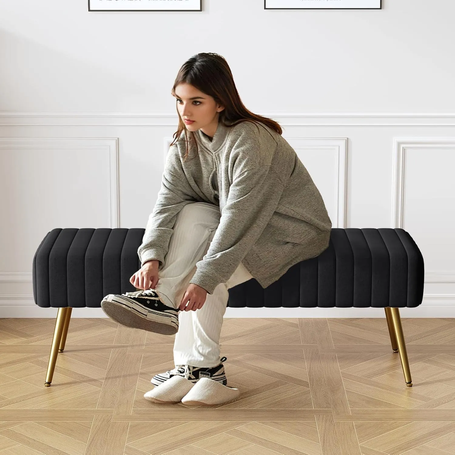 Furniliving 44 Inch Upholstered Tufted Striped Fabric Ottoman Bench With X-Shaped Metal Legs for Living Room, Bedroom, Entryway - Solid Wood Indoor Bench for Foyer (Black)
