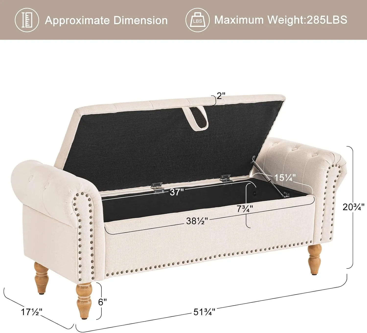 Furniliving 51” Storage Bench, End of Bed Bench with Button-Tufted Large Upholstered Storage Ottoman Linen Window Bench with Storage Shoe Cabinet Bench, for Bedroom, Entryway, Closet, Beige