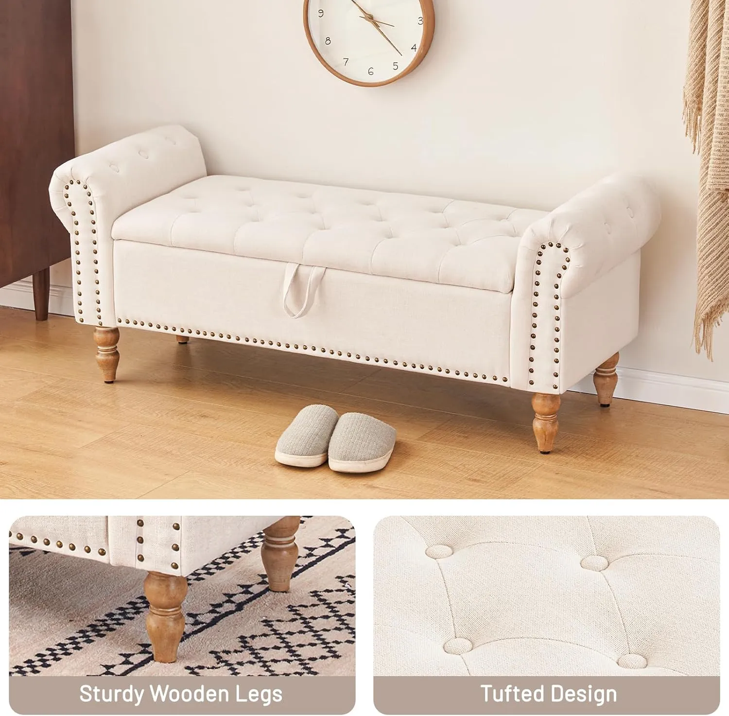 Furniliving 51” Storage Bench, End of Bed Bench with Button-Tufted Large Upholstered Storage Ottoman Linen Window Bench with Storage Shoe Cabinet Bench, for Bedroom, Entryway, Closet, Beige