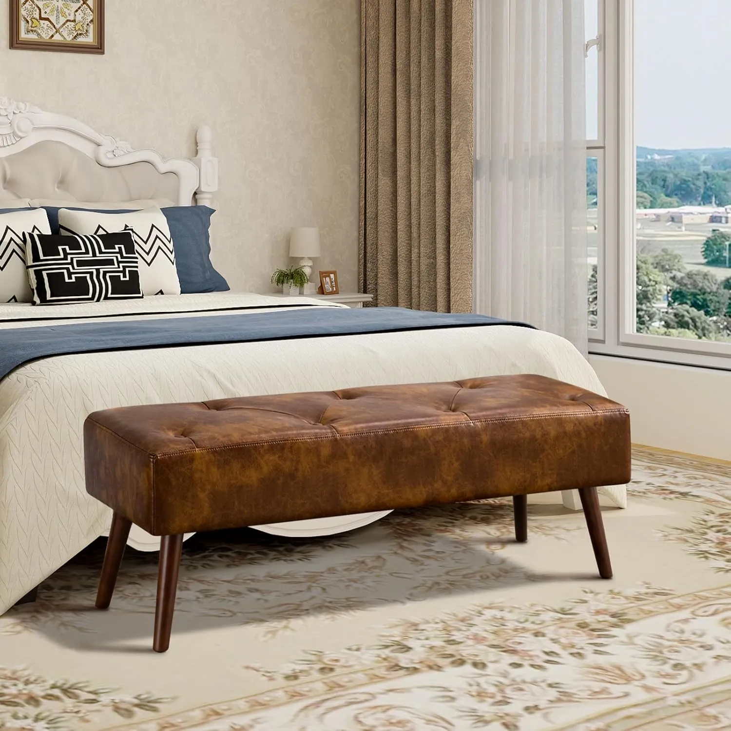 Furnimart Faux Leather Bench Ottoman, Tufted Button Bedroom Benches Footrest Stool in Solid Wood Legs, Long and Dining Bench, Indoor Bench for Entryway Living Room Bedroom (Leather-DustYellow)