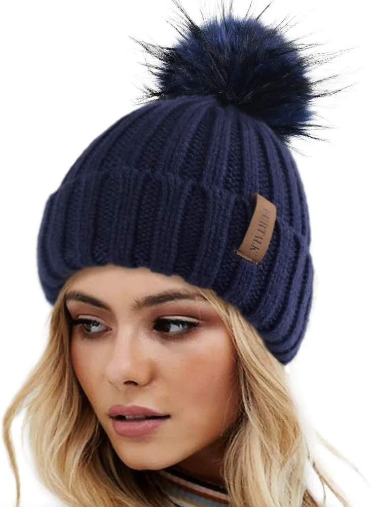 FURTALK Womens Winter Knitted Beanie Hat with Faux Fur Pom Warm Knit Skull Cap Beanie for Women
