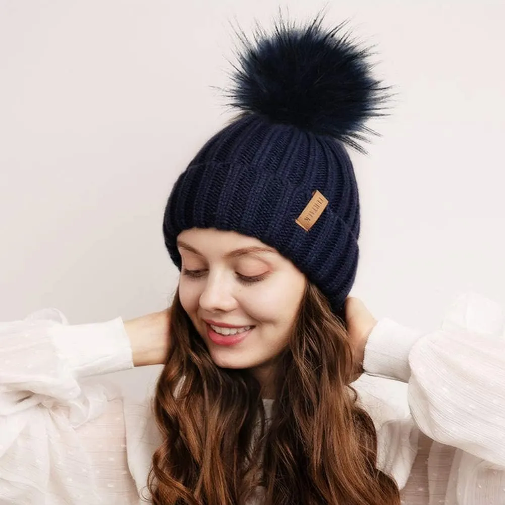 FURTALK Womens Winter Knitted Beanie Hat with Faux Fur Pom Warm Knit Skull Cap Beanie for Women