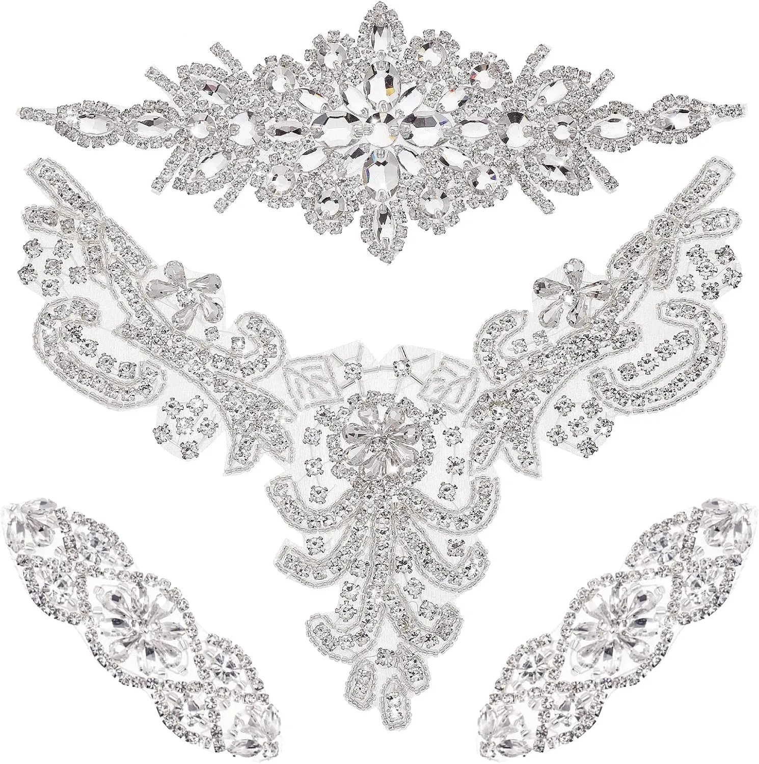 Geosar 4 Pieces Crystal Rhinestone Applique Silver Bridal Wedding Iron on Rhinestone Bridal Sash Applique for Women Prom Clothes Wedding Dress Belt Decoration Headpieces
