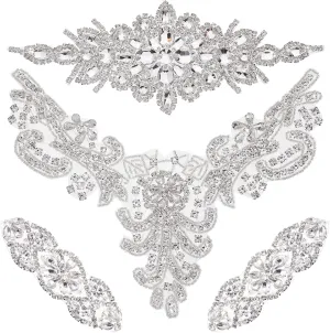 Geosar 4 Pieces Crystal Rhinestone Applique Silver Bridal Wedding Iron on Rhinestone Bridal Sash Applique for Women Prom Clothes Wedding Dress Belt Decoration Headpieces
