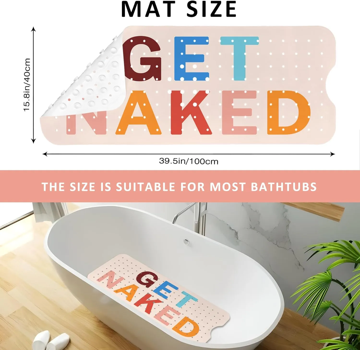 Get Naked Bath Mat for Tub, Non Slip Bathtub Mat for Baby Rubber Tub Mat, Cute Kids Bath Mats for Bathroom Funny Anti Slip Shower Mat with Suction and Drain Holes Machine Washable, 39.5″X15.8″