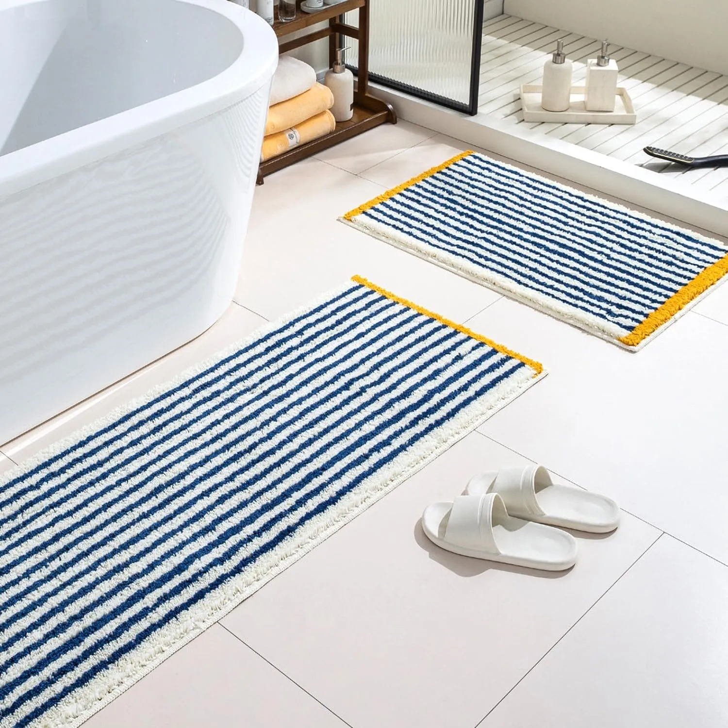 GIB Blue and White Striped Bathroom Rug Mat 24" x 16", Yellow Accent, Extra Soft Absorbent Non-Slip Washable Plush Fluffy Shaggy Microfiber Bath Mat, Aesthetic Runner Rug for Bedroom