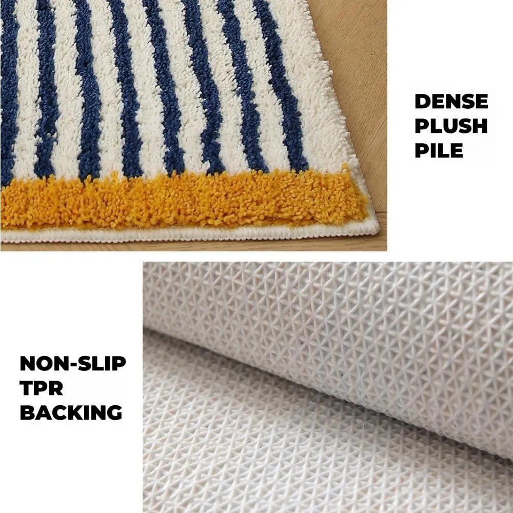 GIB Blue and White Striped Bathroom Rug Mat 24" x 16", Yellow Accent, Extra Soft Absorbent Non-Slip Washable Plush Fluffy Shaggy Microfiber Bath Mat, Aesthetic Runner Rug for Bedroom
