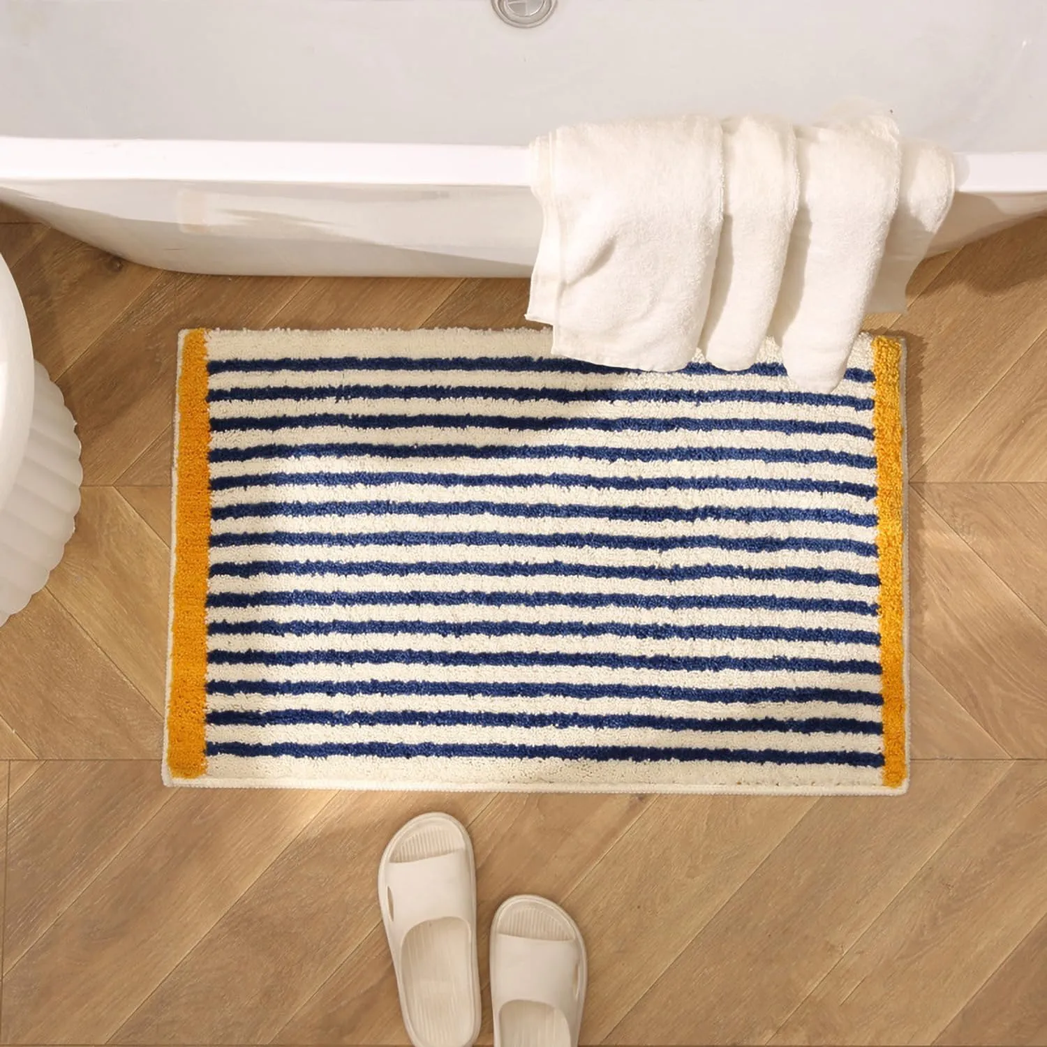 GIB Blue and White Striped Bathroom Rug Mat 24" x 16", Yellow Accent, Extra Soft Absorbent Non-Slip Washable Plush Fluffy Shaggy Microfiber Bath Mat, Aesthetic Runner Rug for Bedroom
