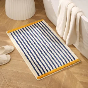 GIB Blue and White Striped Bathroom Rug Mat 24" x 16", Yellow Accent, Extra Soft Absorbent Non-Slip Washable Plush Fluffy Shaggy Microfiber Bath Mat, Aesthetic Runner Rug for Bedroom