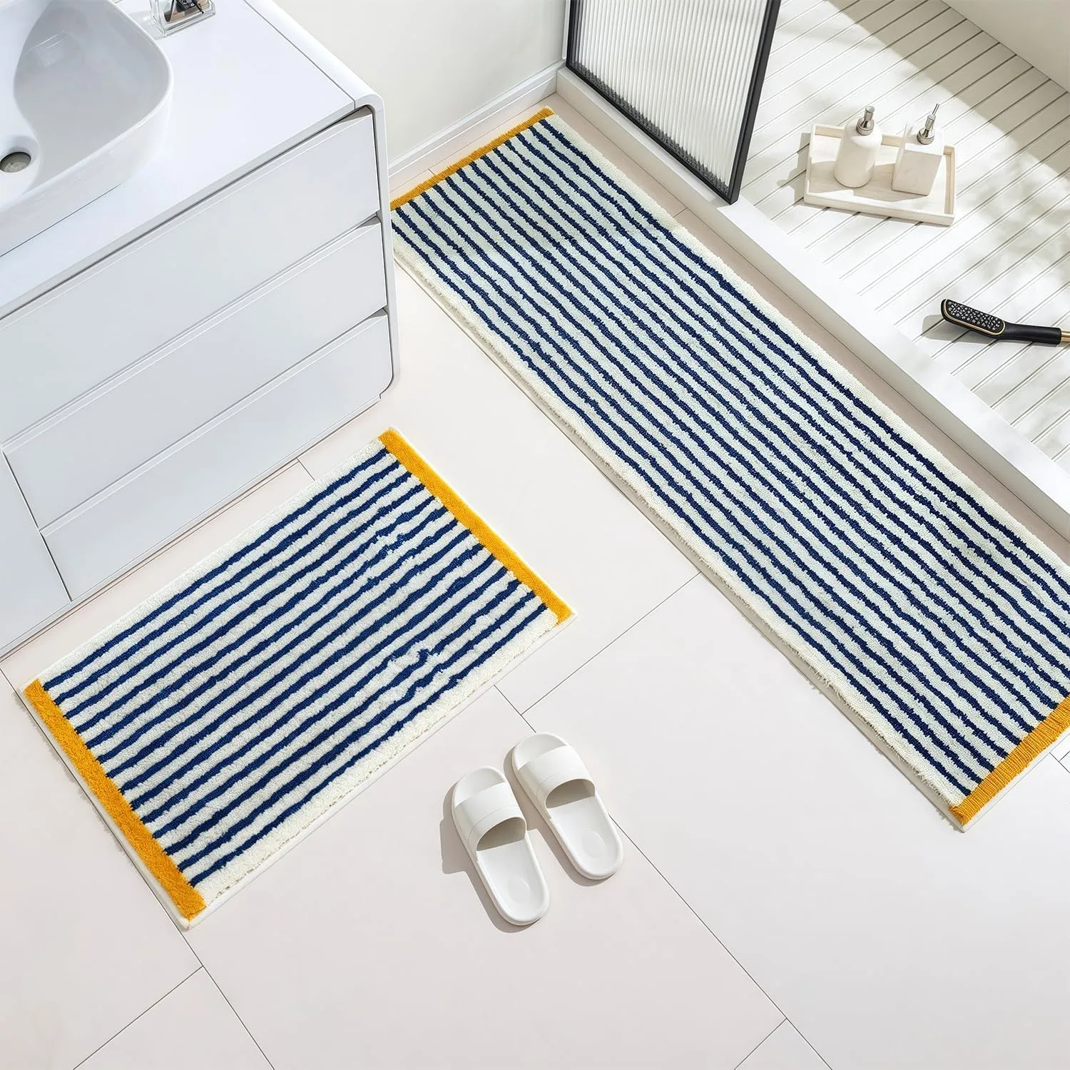 GIB Blue and White Striped Bathroom Rug Mat 24" x 16", Yellow Accent, Extra Soft Absorbent Non-Slip Washable Plush Fluffy Shaggy Microfiber Bath Mat, Aesthetic Runner Rug for Bedroom