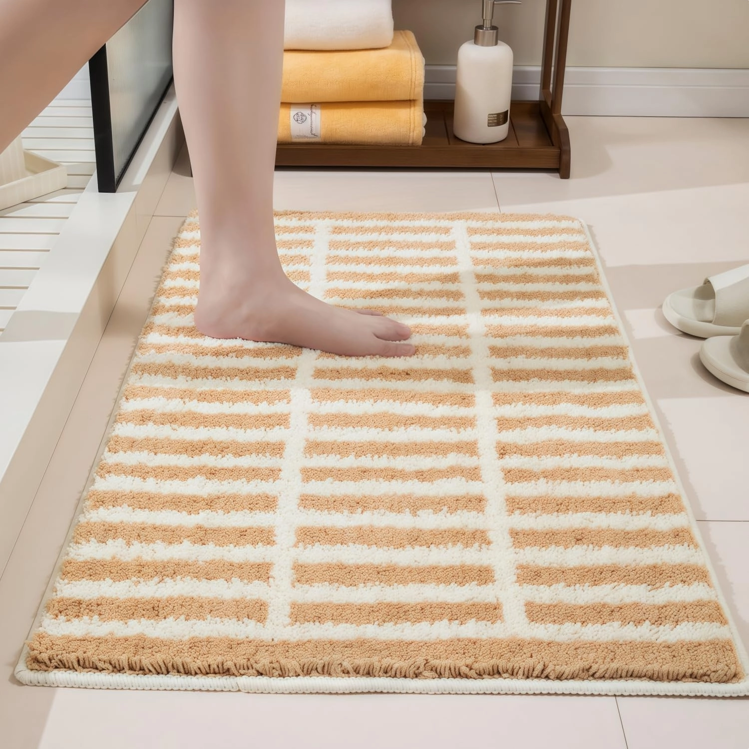 GIB Brown and White Striped Bathroom Rug 24" x 16", Extra Soft Absorbent Non-Slip Washable Plush Fluffy Shaggy Microfiber Bath Mat, Aesthetic Runner Rug for Bedroom