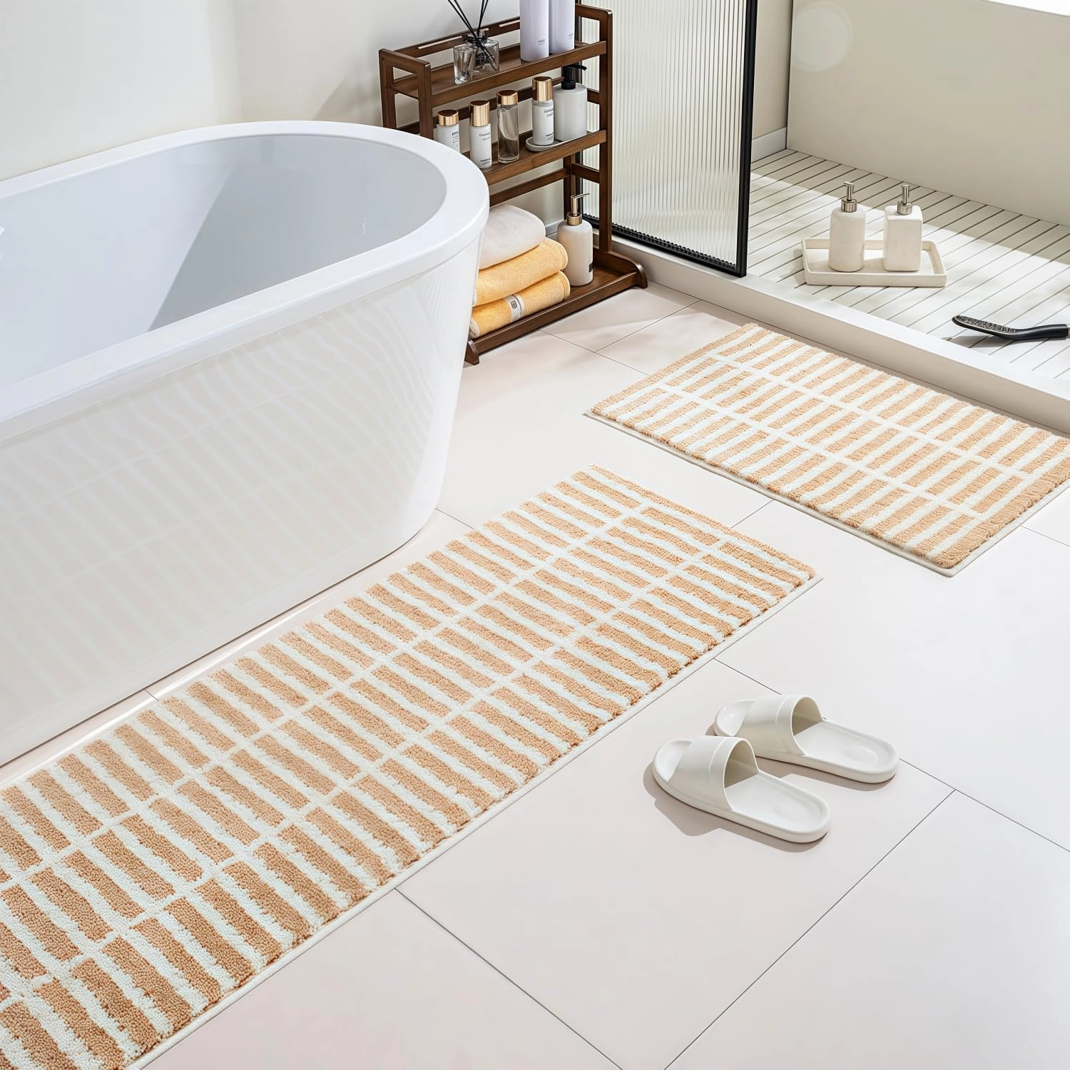 GIB Brown and White Striped Bathroom Rug 24" x 16", Extra Soft Absorbent Non-Slip Washable Plush Fluffy Shaggy Microfiber Bath Mat, Aesthetic Runner Rug for Bedroom