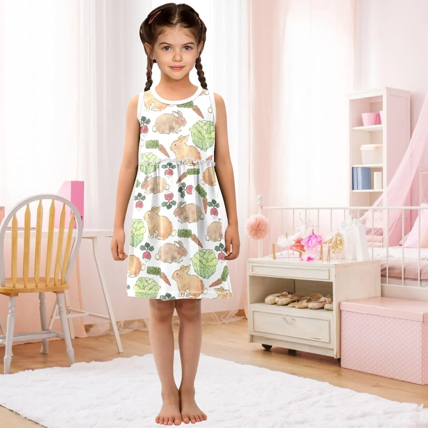 Girl Sleeveless Dress Summer Tank Play Dress Outfit Watercolor Lovely Rabbit Cabbage Vegetable 2T-8T