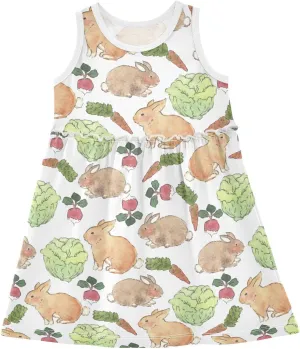 Girl Sleeveless Dress Summer Tank Play Dress Outfit Watercolor Lovely Rabbit Cabbage Vegetable 2T-8T